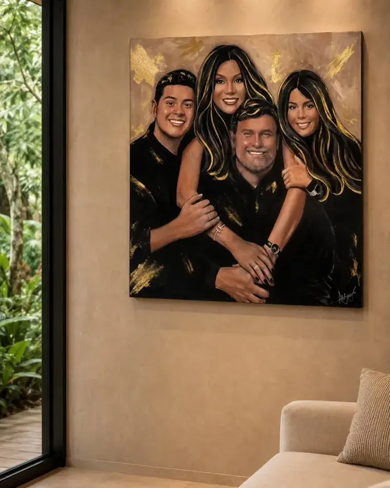 Retrato de família com o cachorro, pintado por Ale Baggio