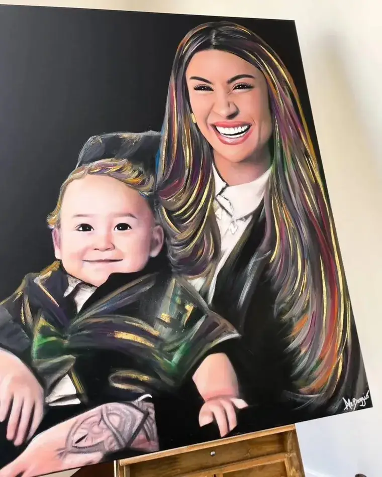 Retrato de mãe e filho pintado por Ale Baggio