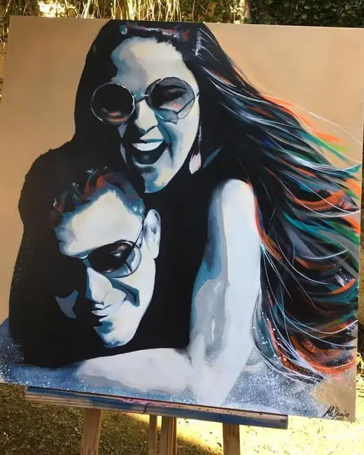 Zezé Di Camargo e Graciele com o retrato pintado por Ale Baggio