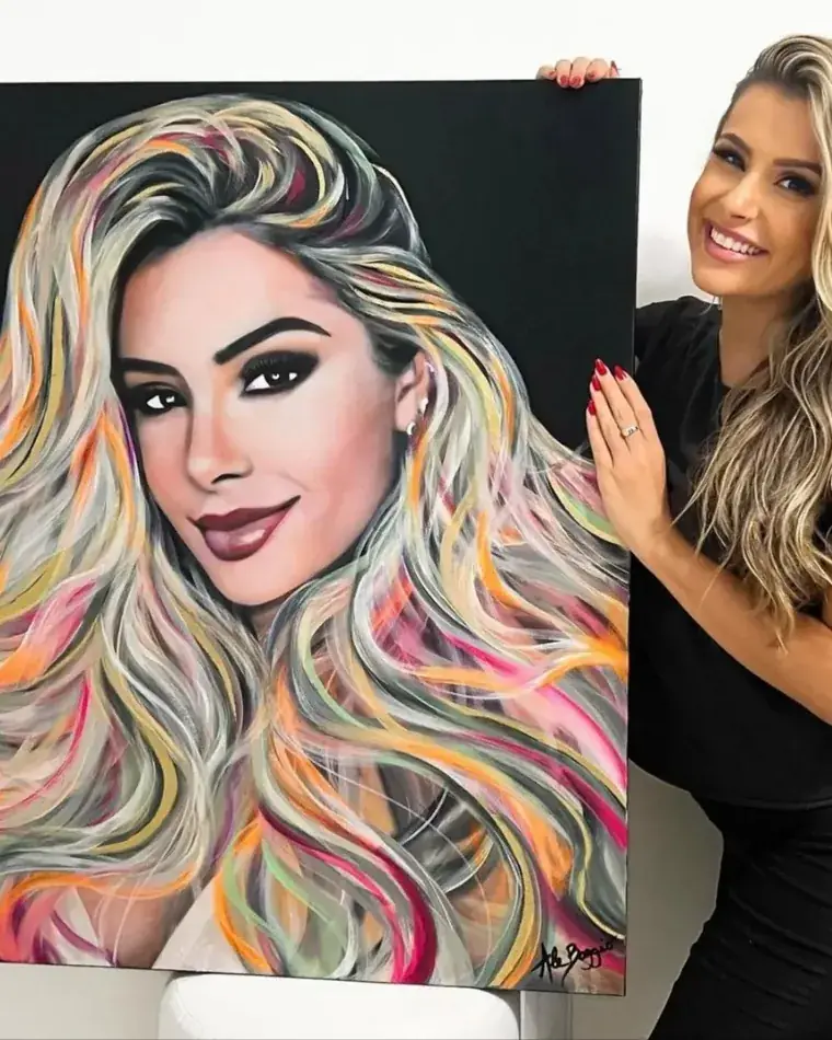 Retrato de mulher loira com respingos amarelos, pintado por Ale Baggio